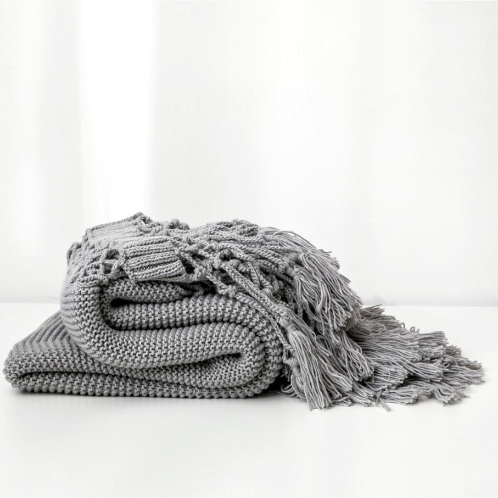 Knit Woven Tassel Throw Blanket in Calming Colours | Boho Knit Texture with Tassels | Throw Blankets
