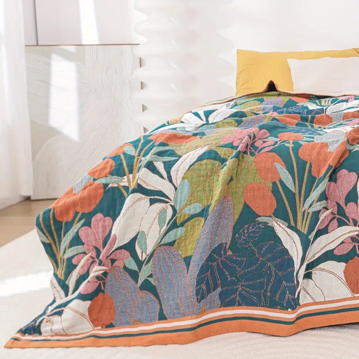 Garden Inspired Botanical Cotton Gauze Blanket, Multi-Layer | Airy Gauze Layers, All Season | Throw Blankets