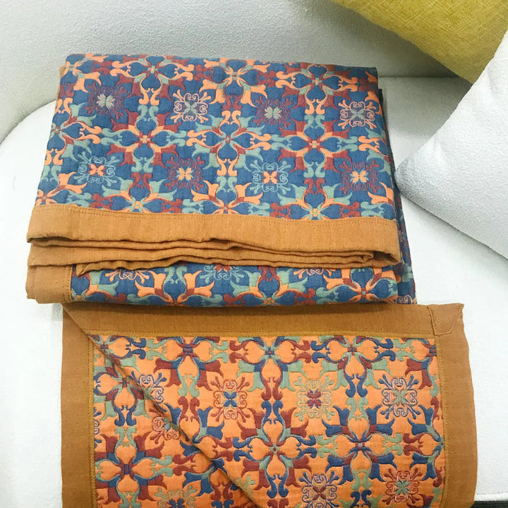 Six-Layer Cotton Blanket with Orange and Blue Design for Bed and Sofa | Breathable Six-Layer Cotton Blanket | Throw Blankets