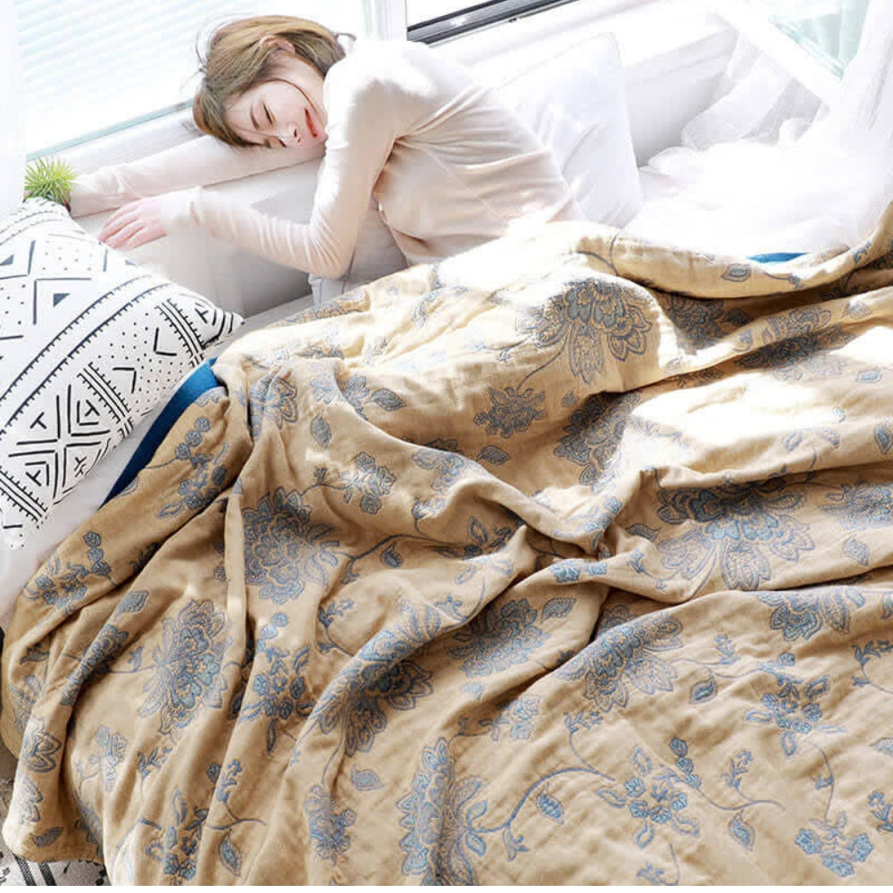 Five-Layer Floral Cotton Gauze Blanket in Throw and Bed Sizes | Five Soft Layers of Cotton Gauze | Throw Blankets