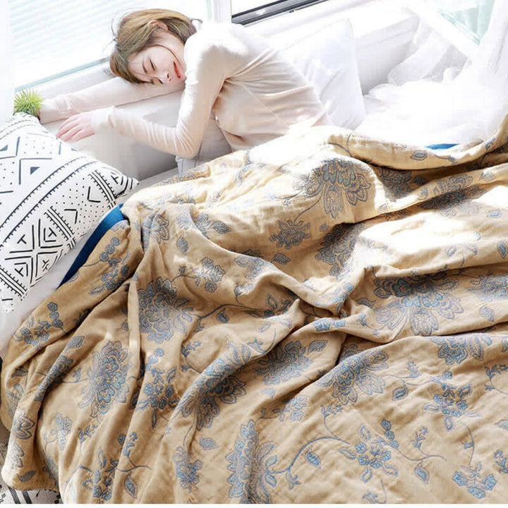 Five-Layer Floral Cotton Gauze Blanket in Throw and Bed Sizes | Five Soft Layers of Cotton Gauze | Throw Blankets