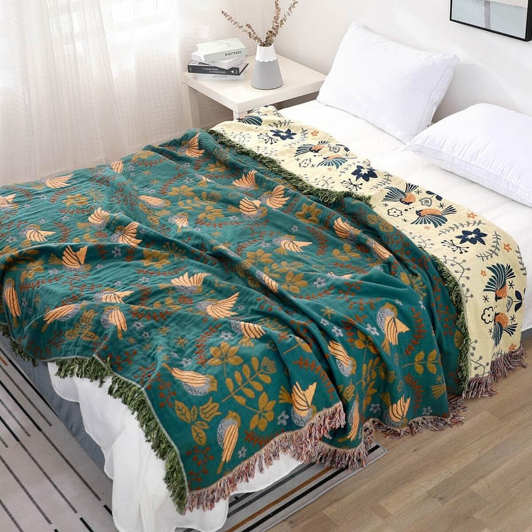 Reversible Cotton Scandinavian Bird Throw Blanket in Three Sizes | Two Looks in One Cotton Throw | Throw Blankets