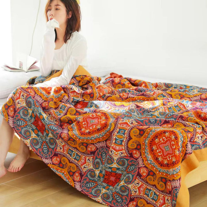 Sunrise Boho Reversible Cooling Cotton Blanket, Double Sided | Cooling Side, Knitted Side | Throw Blankets