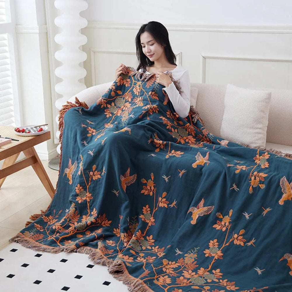 Ornate Multi-Layer Jacquard Cotton Gauze Blanket with Tasselled Edges | Ornate Gauze with Real Depth | Throw Blankets