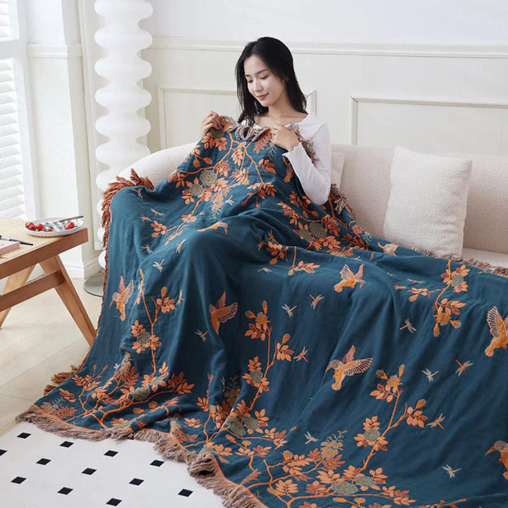Ornate Multi-Layer Jacquard Cotton Gauze Blanket with Tasselled Edges | Ornate Gauze with Real Depth | Throw Blankets