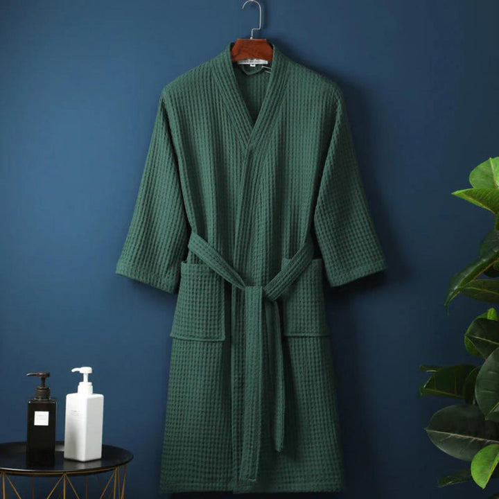 V-Neck Double-Layer Cotton Waffle Bathrobe with Pockets | Light, Absorbent Waffle Comfort | Robes
