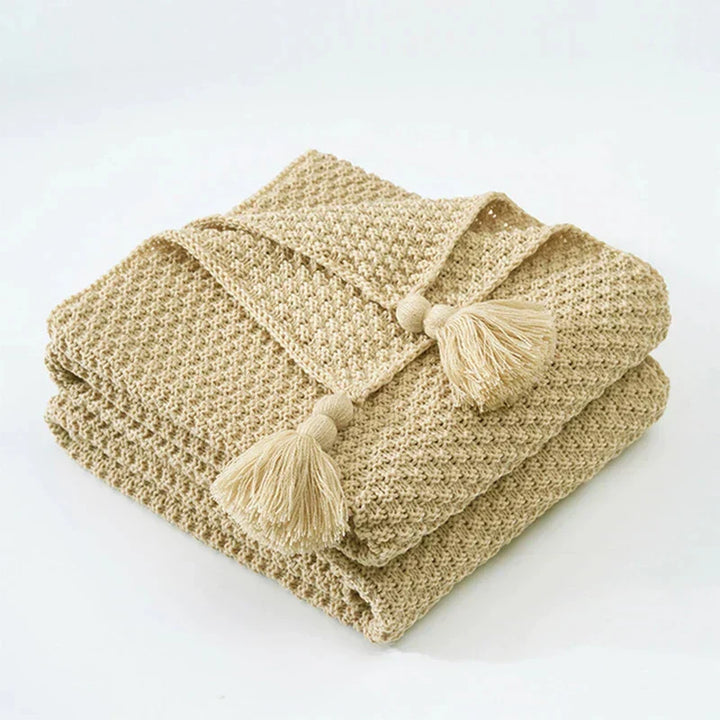 Handwoven Wool Blanket with Fringe and Knitted Pom-Poms | Scandinavian Wool Warmth with Fringe | Throw Blankets