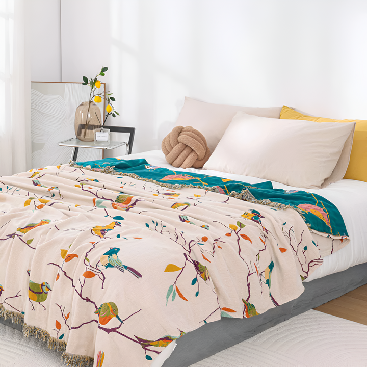 Whimsical Bird Cotton Tassel Blanket, Queen Size | Woven Bird Pattern with Fringe | Throw Blankets
