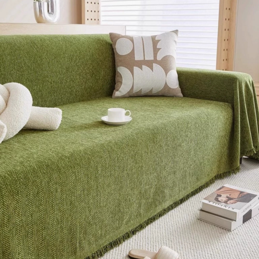 Minimalist Chenille Sofa Cover with Tassel Details, Water Resistant | Water-Resistant Chenille Sofa Throw | Sofa Covers