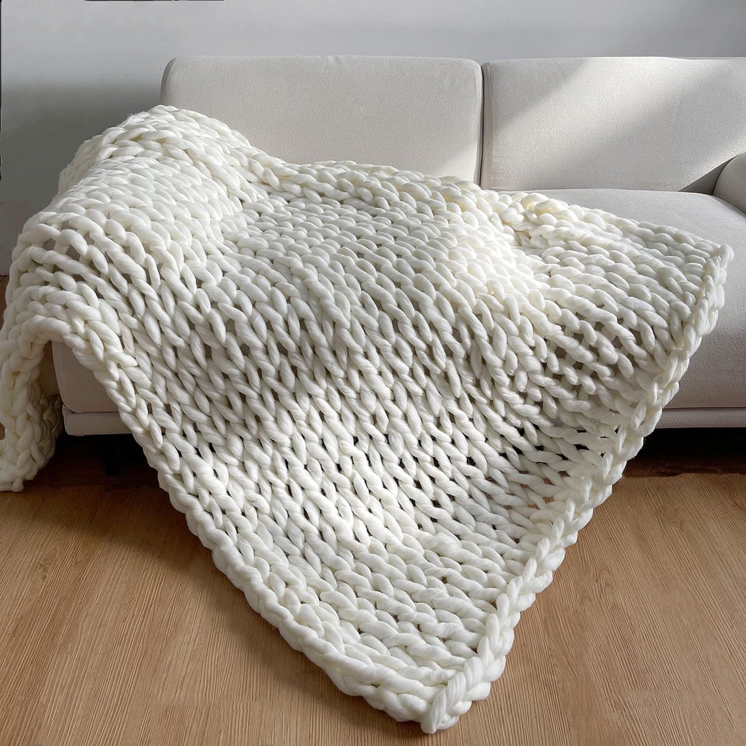 Chunky Hand-Knit Style Weighted Throw Blanket in Cream Brown Grey | Weighted Chunky Knit Calm | Weighted Blankets