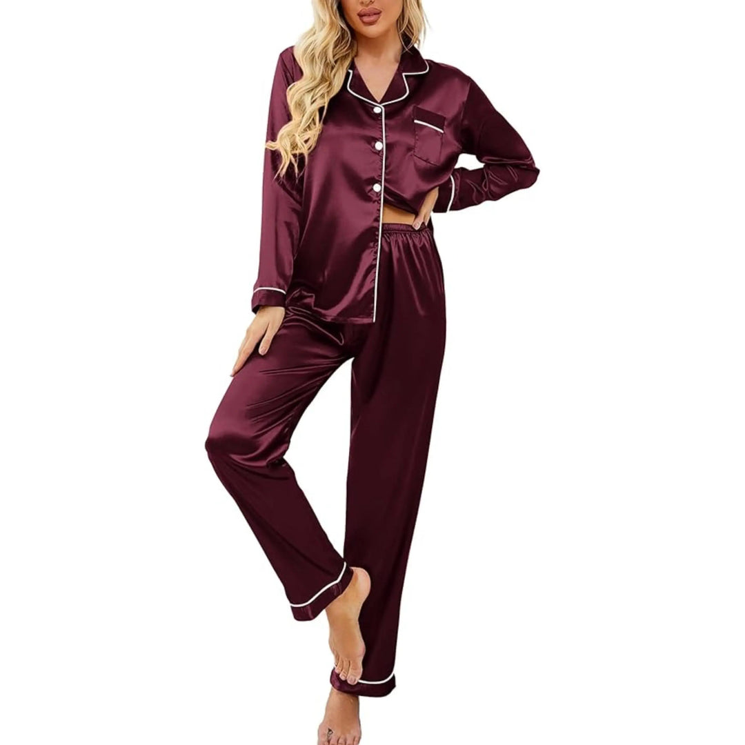 Silk Satin Couple Pajama Set with Button Down Tops and Chest Pockets | Matching Satin Sleepwear for Two | Pajama Sets