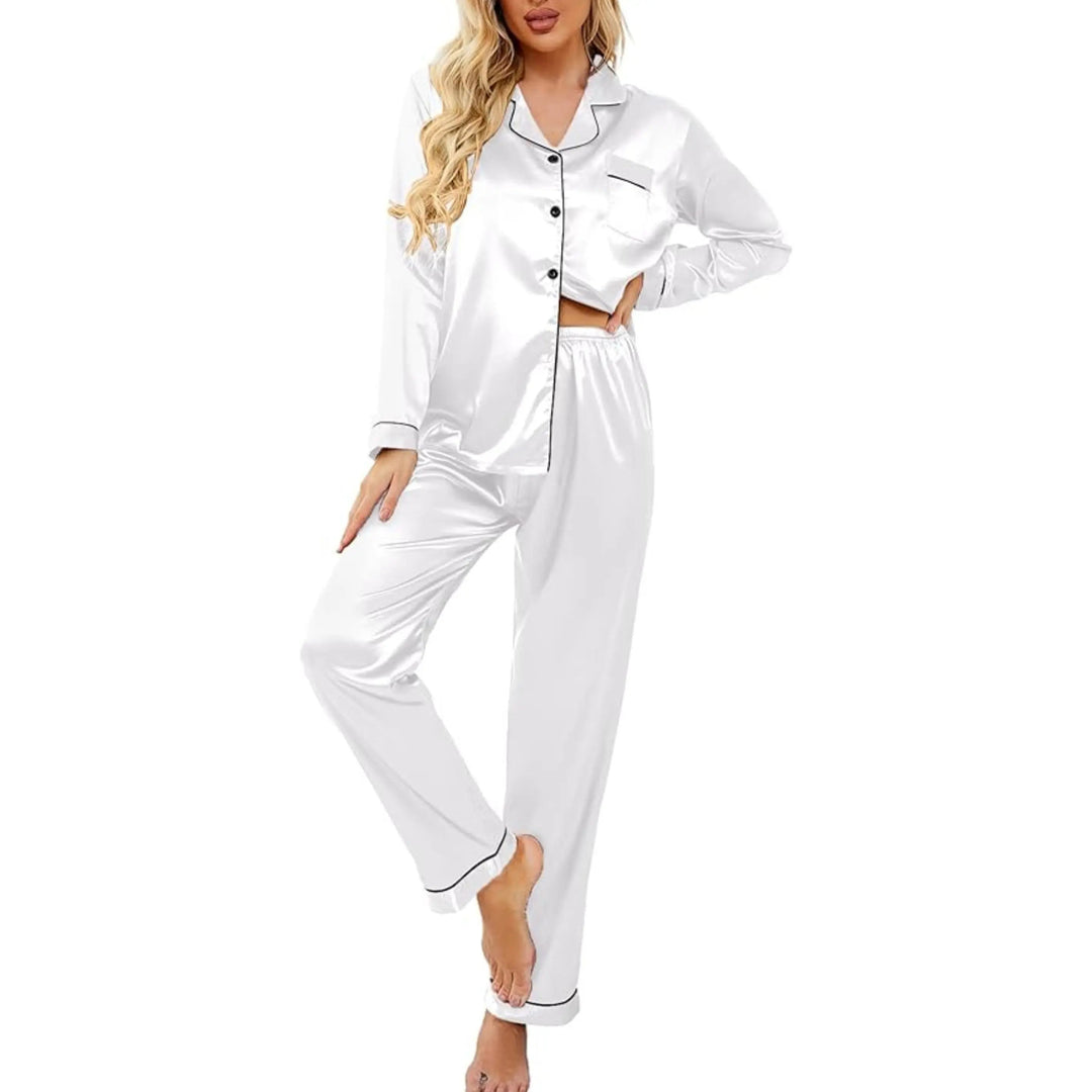 Silk Satin Couple Pajama Set with Button Down Tops and Chest Pockets | Matching Satin Sleepwear for Two | Pajama Sets