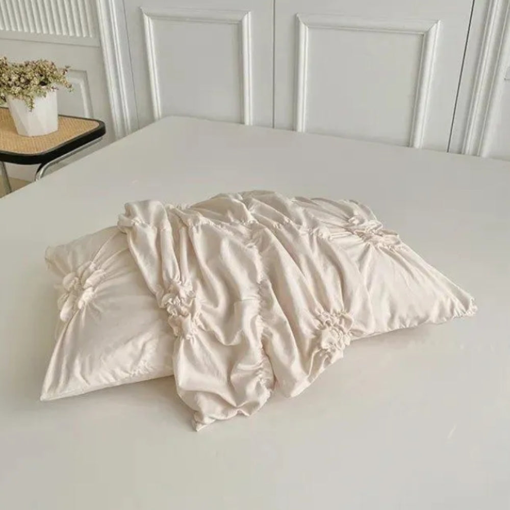 Ruffle Flower Pinch Pleated Duvet Cover Set with Pillowcases | Pinch Pleats and Ruffled Flowers | Bedding Sets