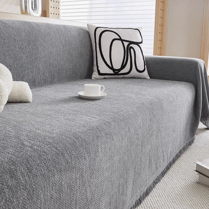 Minimalist Chenille Sofa Cover with Tassel Details, Water Resistant | Water-Resistant Chenille Sofa Throw | Sofa Covers