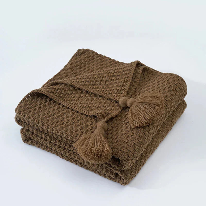 Handwoven Wool Blanket with Fringe and Knitted Pom-Poms | Scandinavian Wool Warmth with Fringe | Throw Blankets