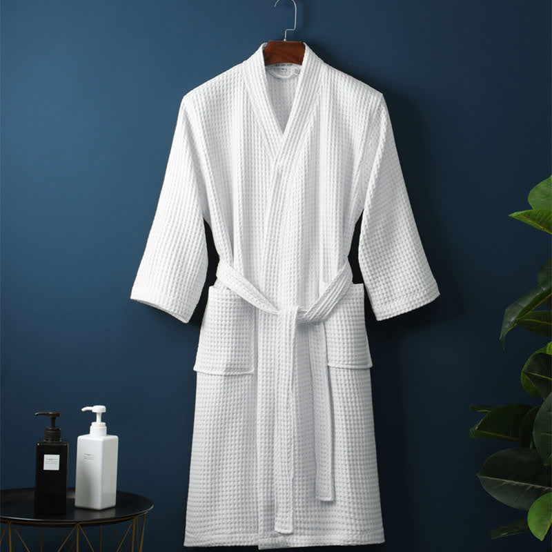 V-Neck Double-Layer Cotton Waffle Bathrobe with Pockets | Light, Absorbent Waffle Comfort | Robes