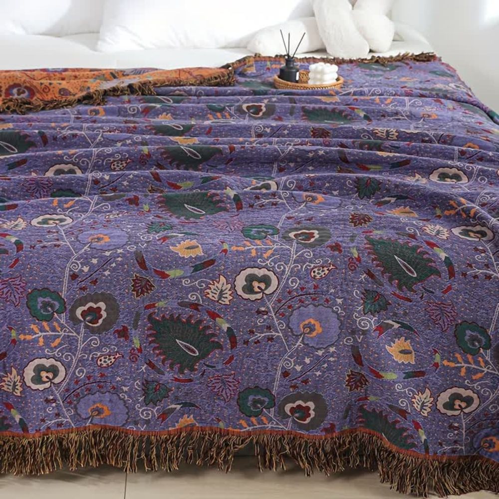 Bohemian Peacock Cotton Gauze Tassel Blanket in Two Sizes | Peacock Pattern in Cotton Gauze | Throw Blankets