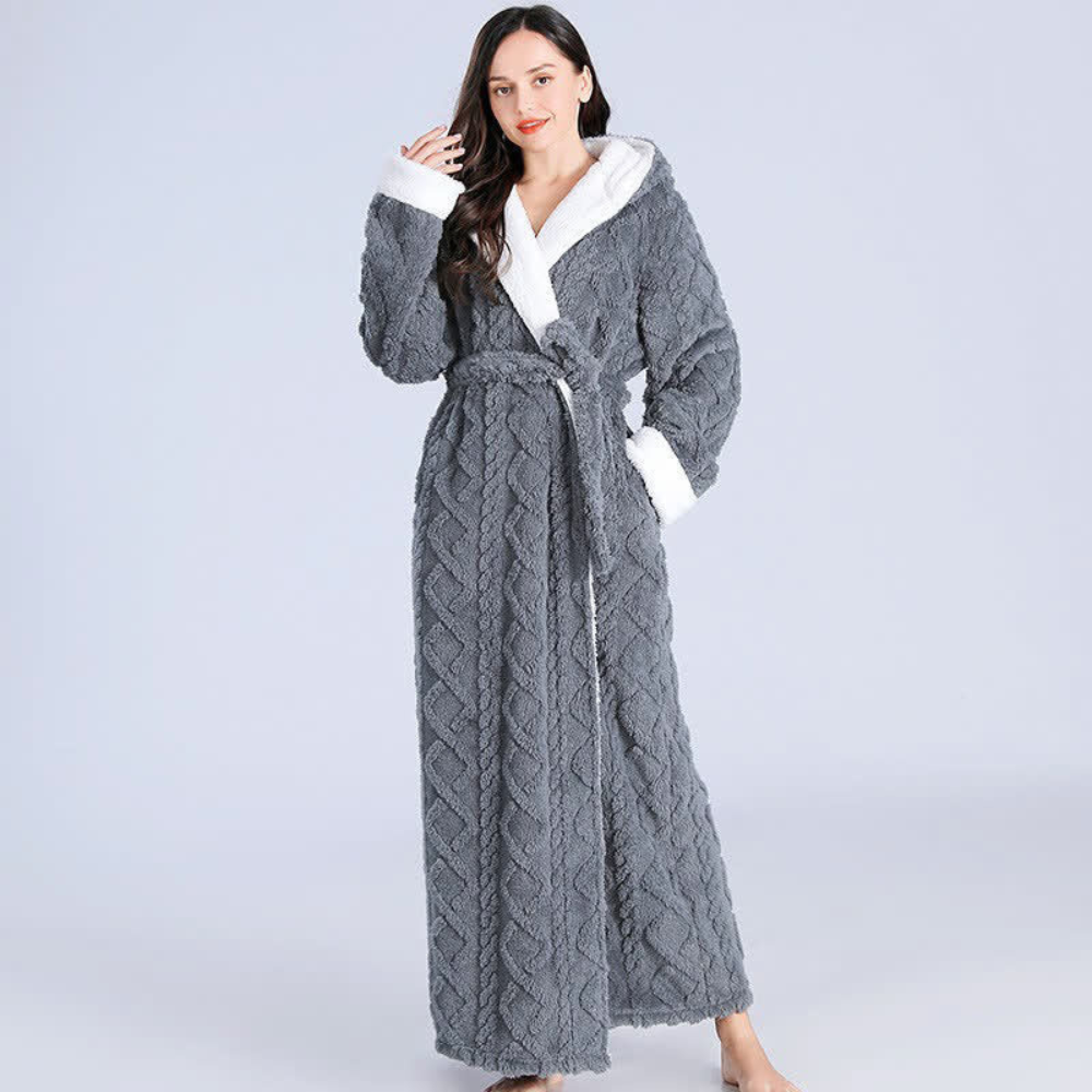 Long Plush Knitted Hooded Robe with Pockets in Soft Fleece | Cozy Hooded Warmth with Pockets | Robes