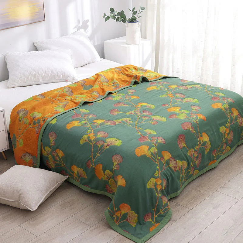 Reversible Jacquard Floral Ginkgo Leaves Coverlet in Four Sizes | Ginkgo Leaf Coverlet, Two Looks | Bedding Sets