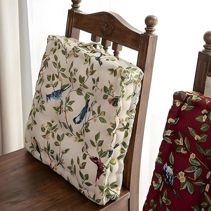 Whimsical Bird and Leaf Chair Cushion, Thick 16.5 Inch with Hand Strap | Storybook Birds for Hard Seats | Seat Cushions