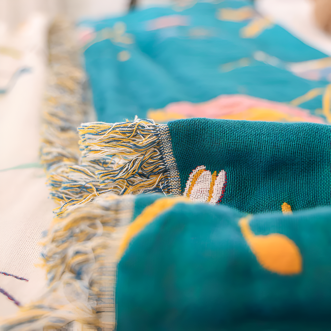 Whimsical Bird Cotton Tassel Blanket, Queen Size | Woven Bird Pattern with Fringe | Throw Blankets
