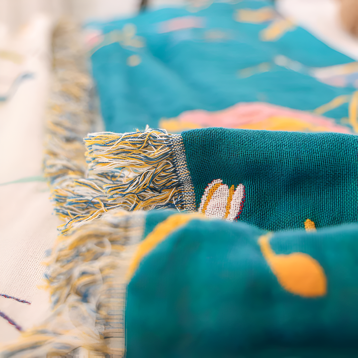 Whimsical Bird Cotton Tassel Blanket, Queen Size | Woven Bird Pattern with Fringe | Throw Blankets