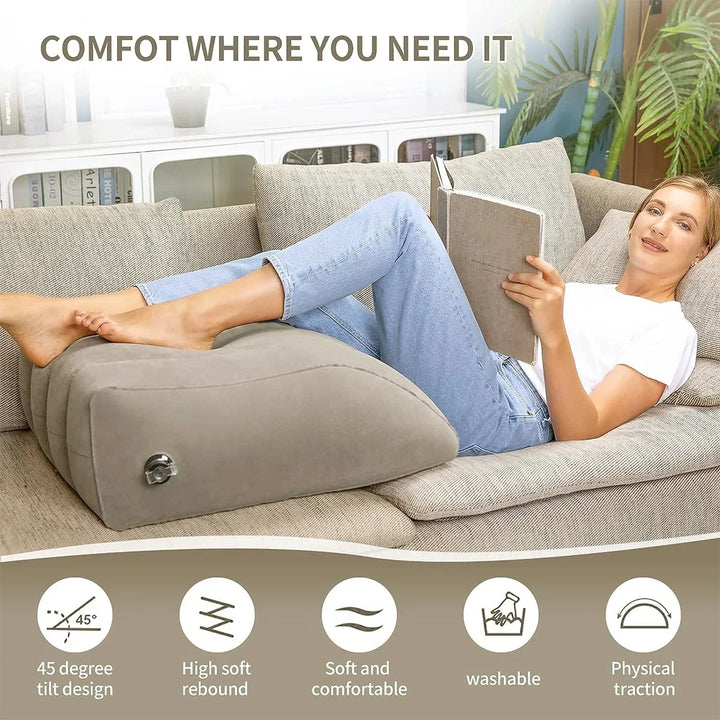 Inflatable Leg Elevation Pillow with Soft Flocked Finish | Portable Leg Lift Anywhere | Wedge Pillows