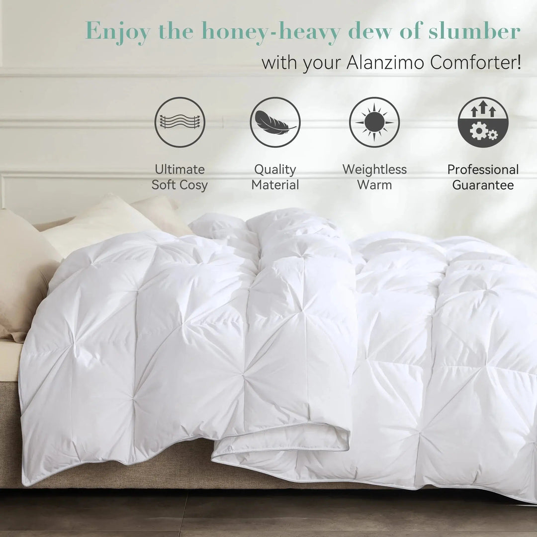 750 Fill Power White Goose Down Comforter with Pinch Pleat Texture | Light All-Season Goose Down Warmth | Comforters