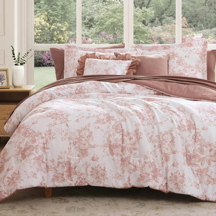 Floral 4-Piece Duvet Cover Set with Hidden Zipper and Inner Corner Ties | Botanical Duvet Set in Soft Microfiber | Bedding Sets