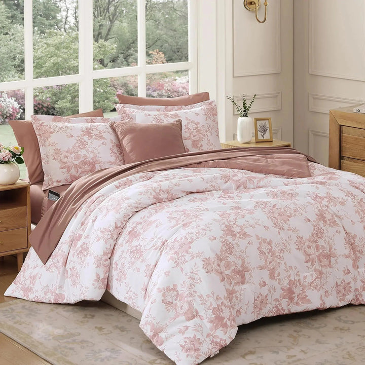 Floral 4-Piece Duvet Cover Set with Hidden Zipper and Inner Corner Ties | Botanical Duvet Set in Soft Microfiber | Bedding Sets