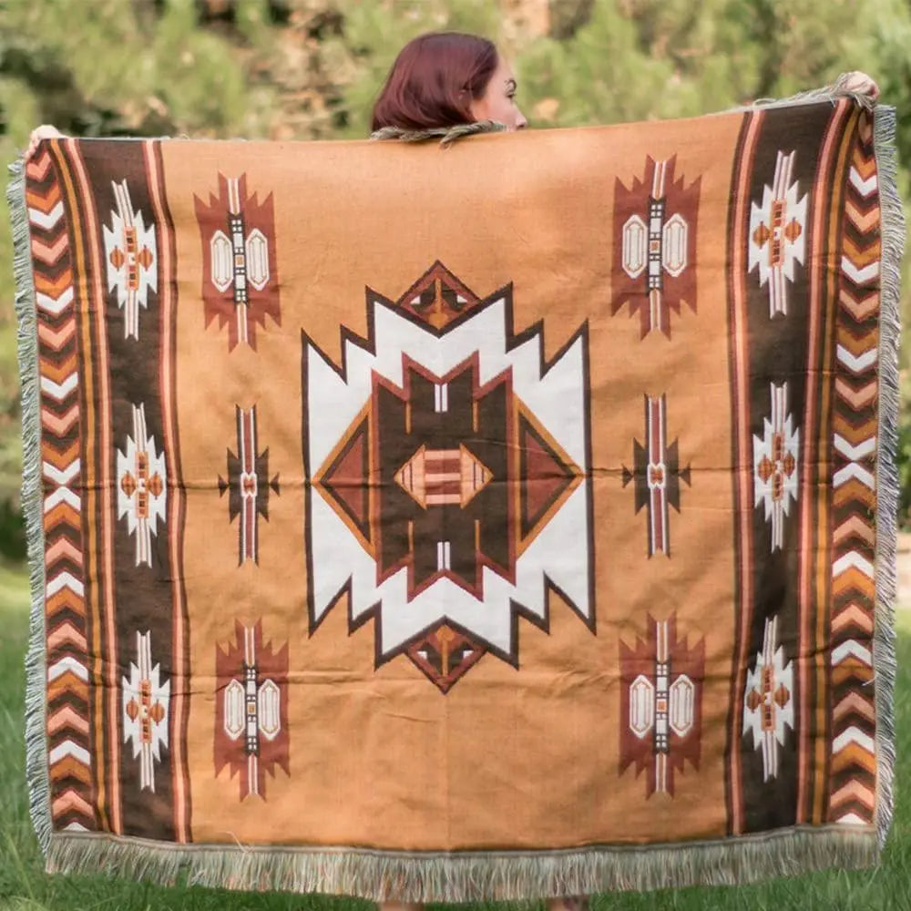Brown Aztec Reversible Woven Throw Blanket with Tassel Fringe, 51x63 Inch | Southwestern Woven Throw with Fringe | Throw Blankets