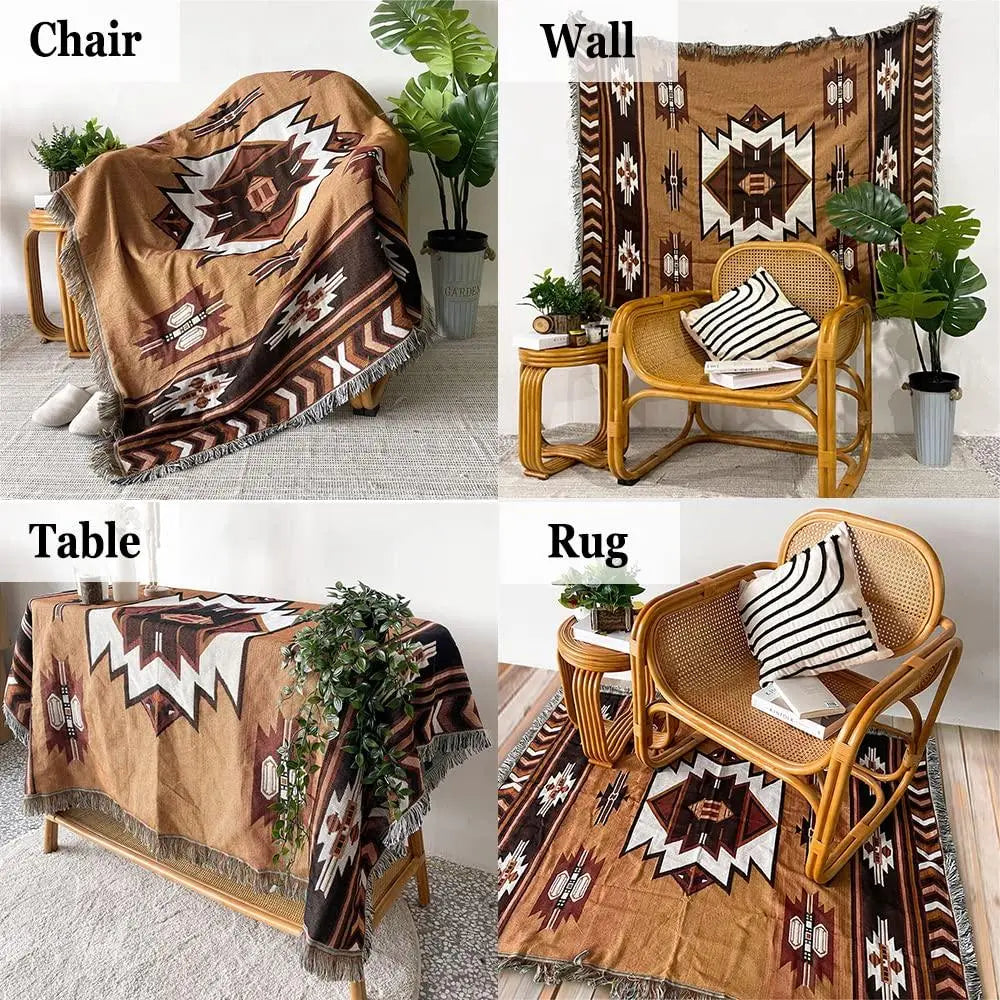 Brown Aztec Reversible Woven Throw Blanket with Tassel Fringe, 51x63 Inch | Southwestern Woven Throw with Fringe | Throw Blankets