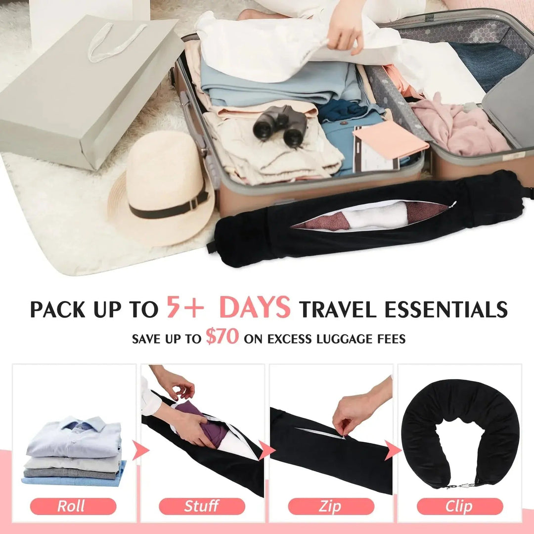 Stuffable Travel Neck Pillow You Fill with Clothes | Pillow and Packing Space in One | Travel Pillows