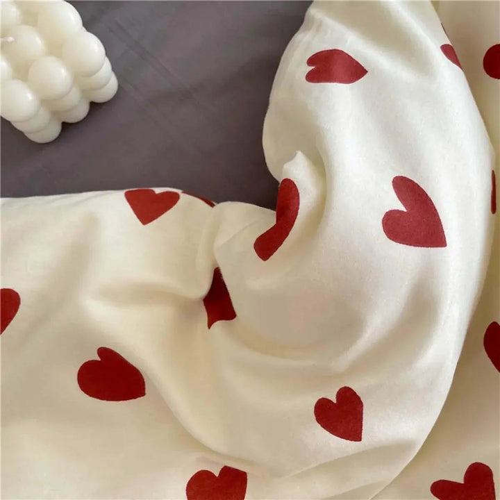 Korean Style Love Heart Bedding Set, 4 Pieces in Smooth Microfiber | Heart-Print Bedding with a Cheerful Look | Bedding Sets