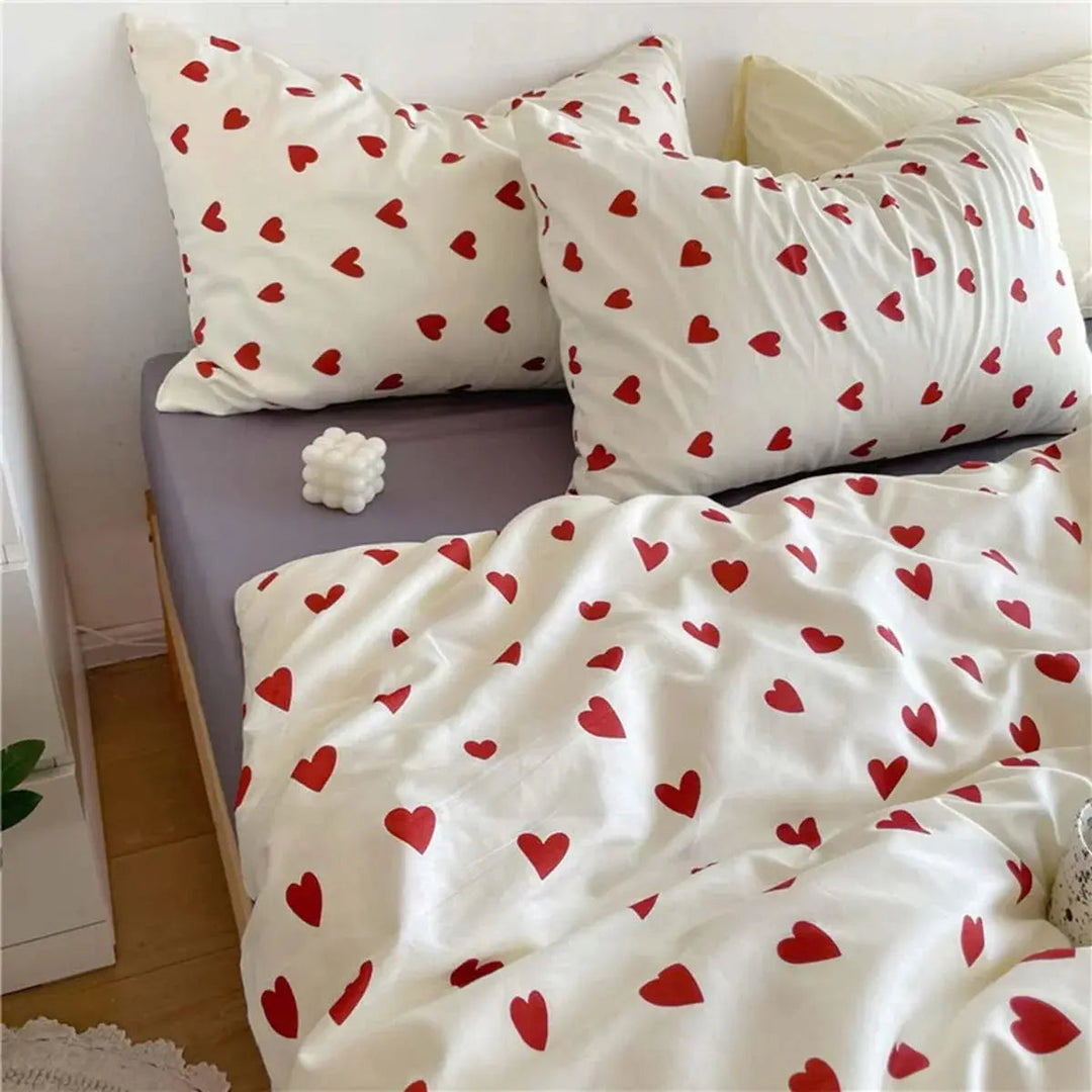 Korean Style Love Heart Bedding Set, 4 Pieces in Smooth Microfiber | Heart-Print Bedding with a Cheerful Look | Bedding Sets