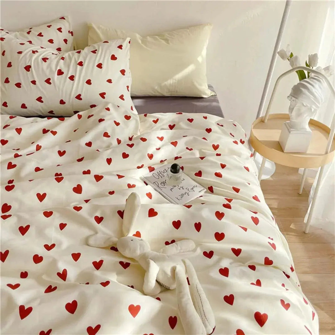 Korean Style Love Heart Bedding Set, 4 Pieces in Smooth Microfiber | Heart-Print Bedding with a Cheerful Look | Bedding Sets