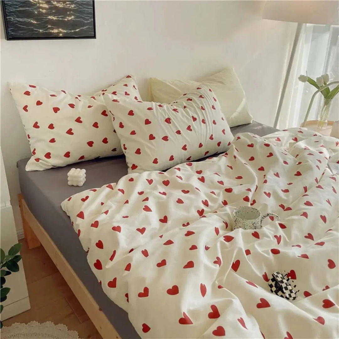 Korean Style Love Heart Bedding Set, 4 Pieces in Smooth Microfiber | Heart-Print Bedding with a Cheerful Look | Bedding Sets