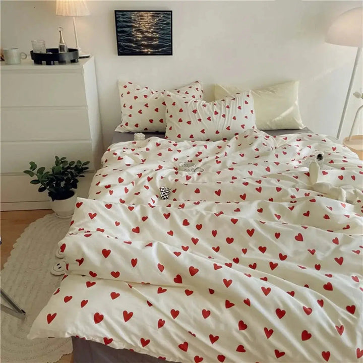 Korean Style Love Heart Bedding Set, 4 Pieces in Smooth Microfiber | Heart-Print Bedding with a Cheerful Look | Bedding Sets