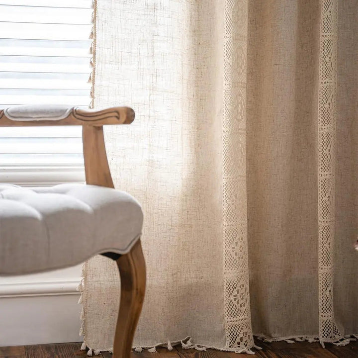 Boho Cotton-Linen Blend Curtain Panels with Tassels, Set of 2 | Tassel Curtains with Gentle Light Filtering | Curtains