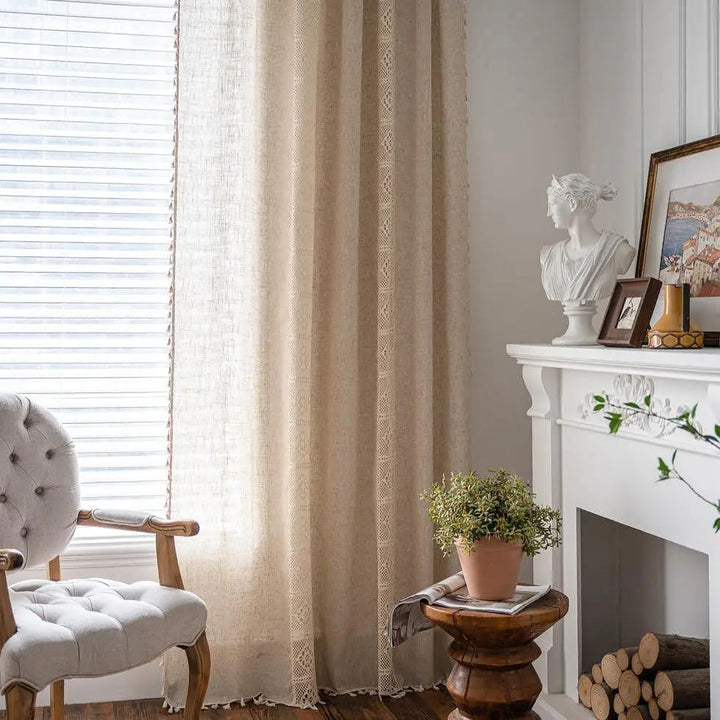 Boho Cotton-Linen Blend Curtain Panels with Tassels, Set of 2 | Tassel Curtains with Gentle Light Filtering | Curtains