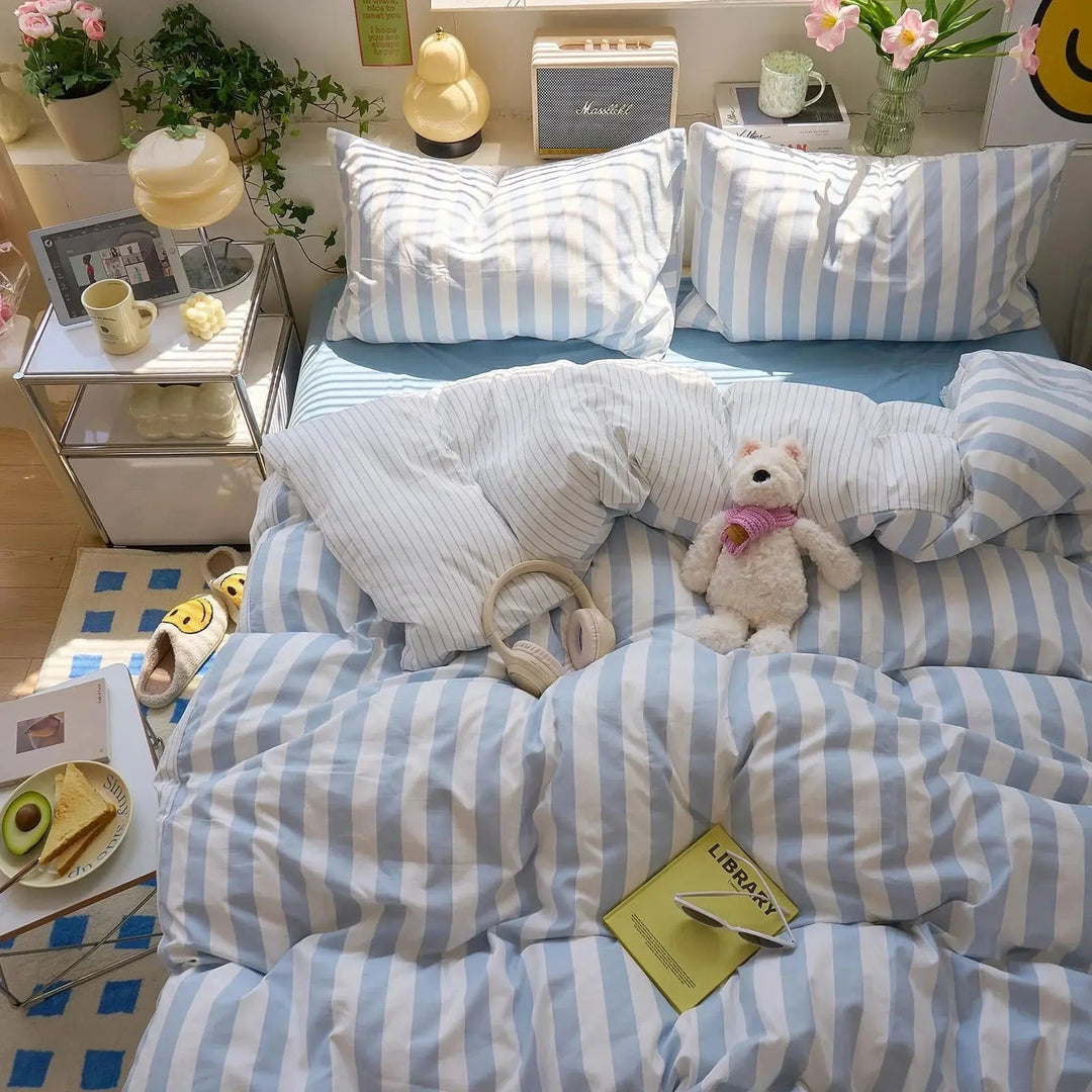 Washed Cotton Crepe Striped Quilt Set with Matching Sheet and Pillowcases | Breathable Striped Quilt Bedding | Bedding Sets
