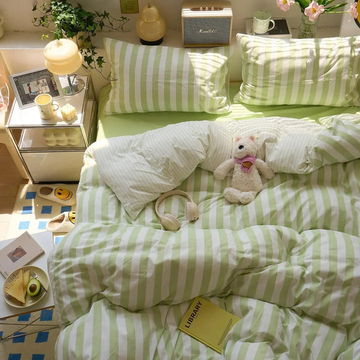 Washed Cotton Crepe Striped Quilt Set with Matching Sheet and Pillowcases | Breathable Striped Quilt Bedding | Bedding Sets