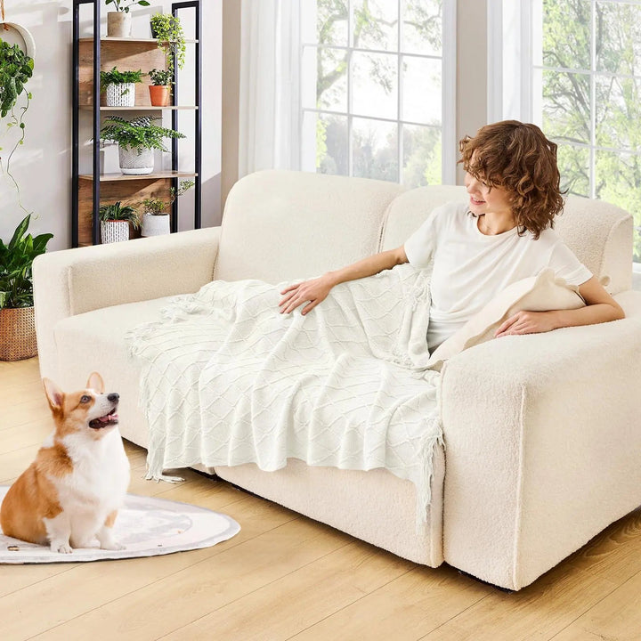 Nordic Open Knit Throw Blanket with Tassel Edges | Textured Warmth for Sofa and Bed | Throw Blankets