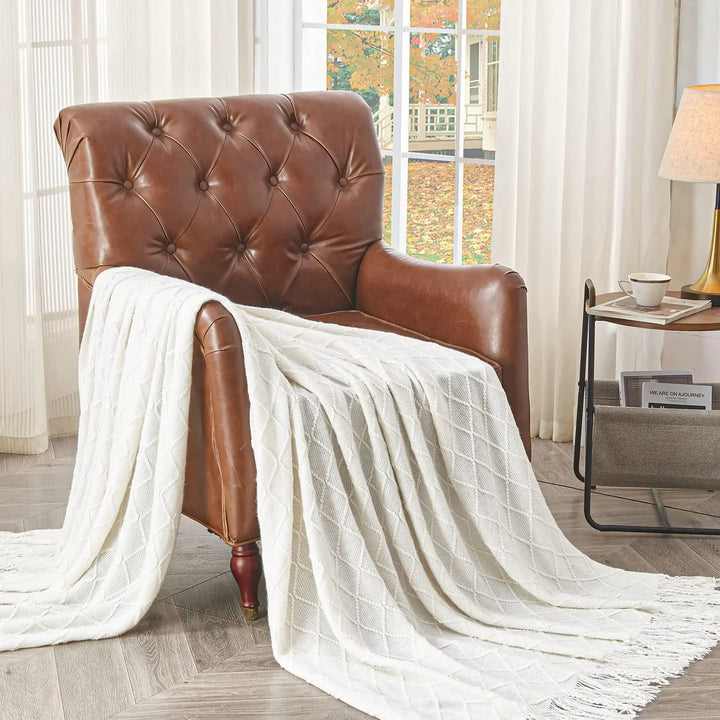Nordic Open Knit Throw Blanket with Tassel Edges | Textured Warmth for Sofa and Bed | Throw Blankets