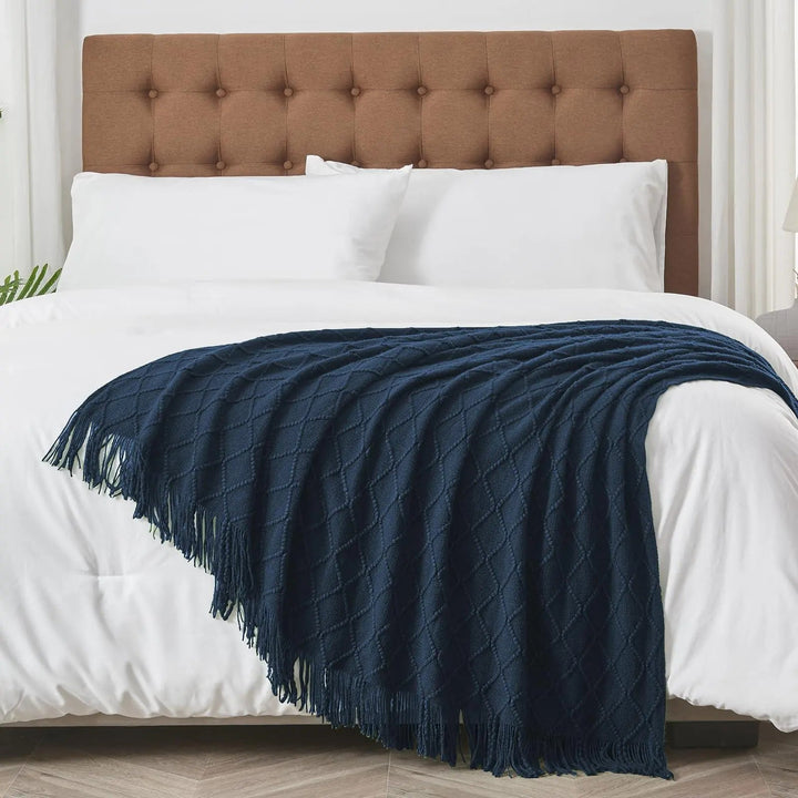 Nordic Open Knit Throw Blanket with Tassel Edges | Textured Warmth for Sofa and Bed | Throw Blankets