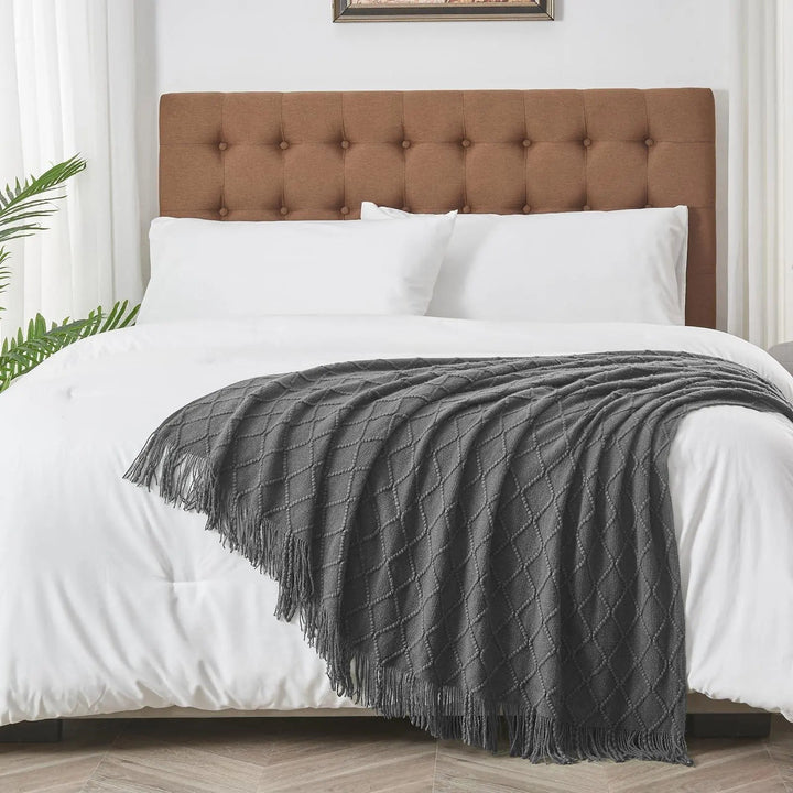 Nordic Knitted Throw Blanket with Tassels, 130 x 230 cm | Textured Style and Warmth | Throw Blankets