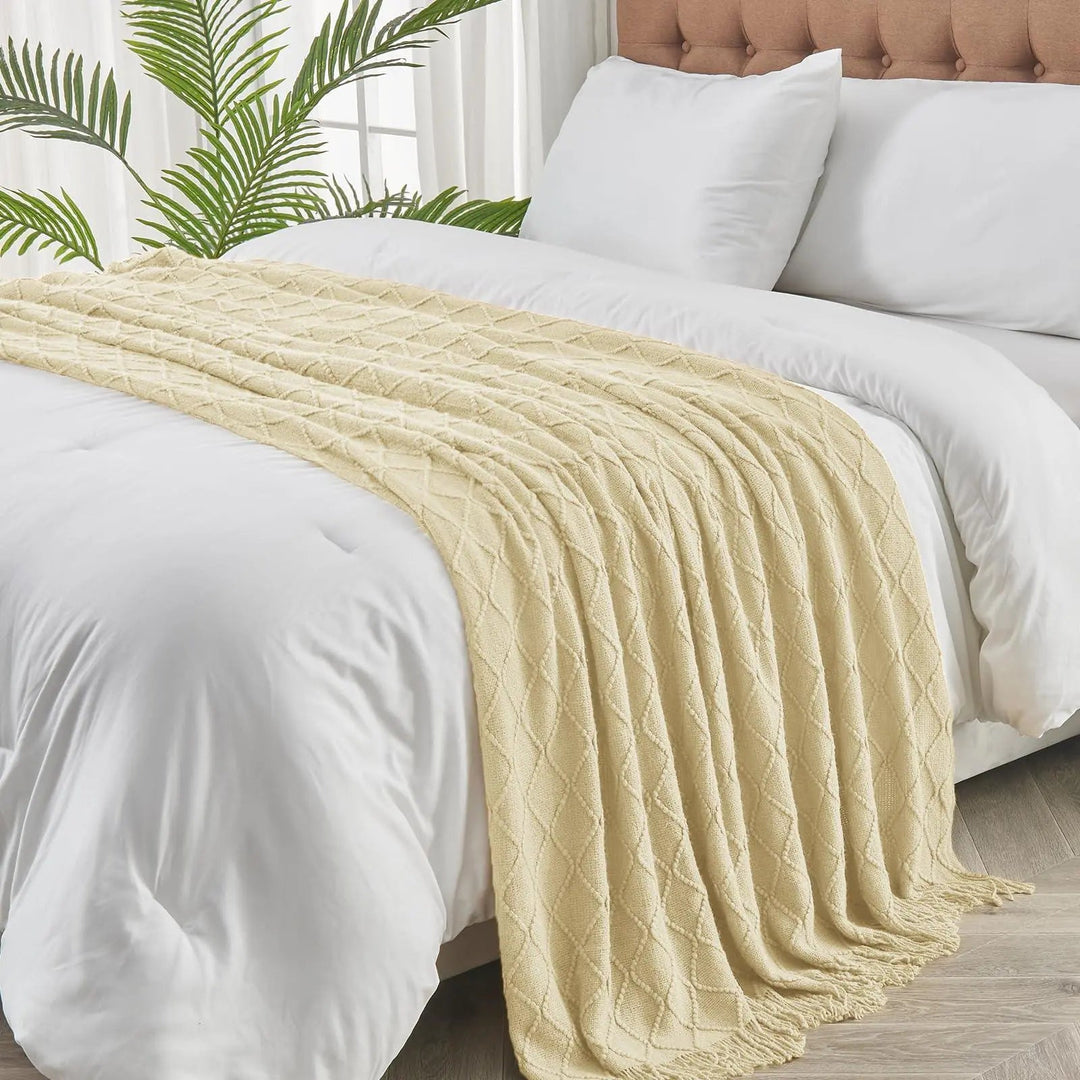 Nordic Open Knit Throw Blanket with Tassel Edges | Textured Warmth for Sofa and Bed | Throw Blankets