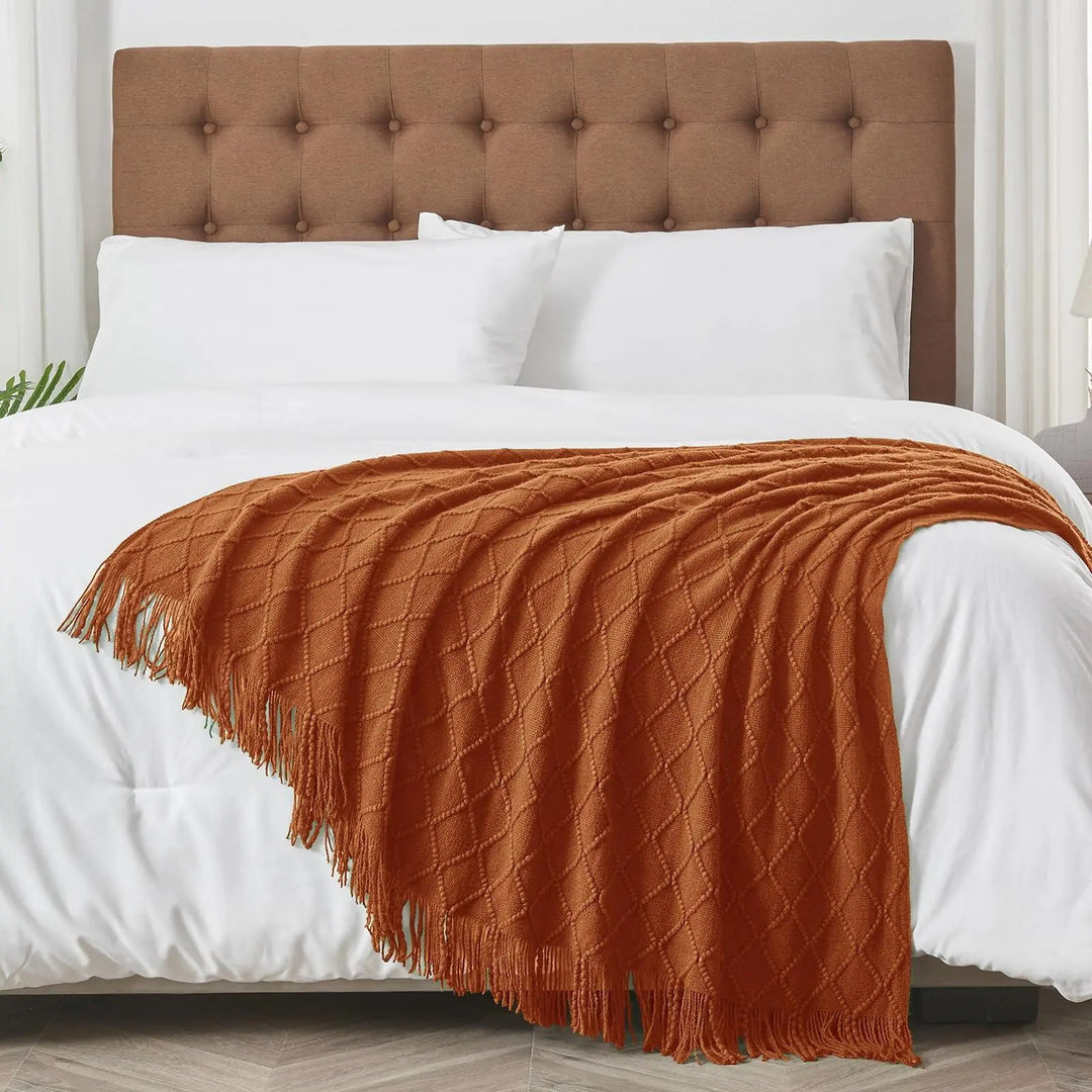 Nordic Open Knit Throw Blanket with Tassel Edges | Textured Warmth for Sofa and Bed | Throw Blankets