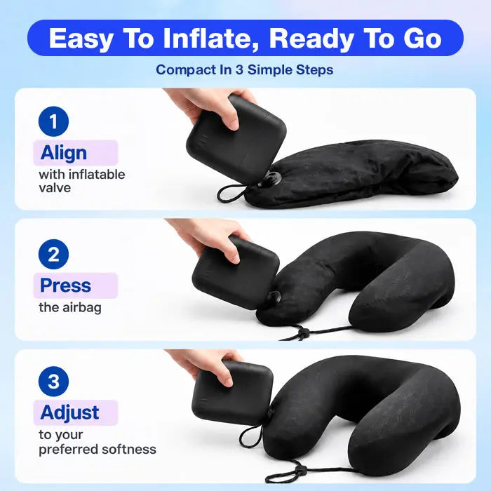 Inflatable U-Shaped Travel Neck Pillow with Pocket Case and Press Valve | Packs Down to Pocket Size | Travel Pillows