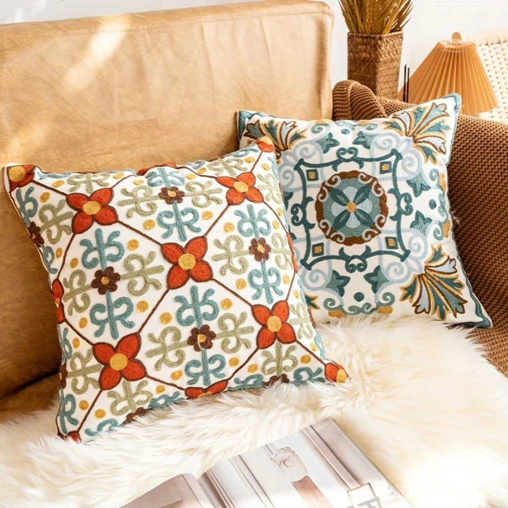 Vintage Embroidered Throw Pillow Cushion Cover, 18 Inch | Rich Embroidery on a Cushion Cover | Cushion Covers